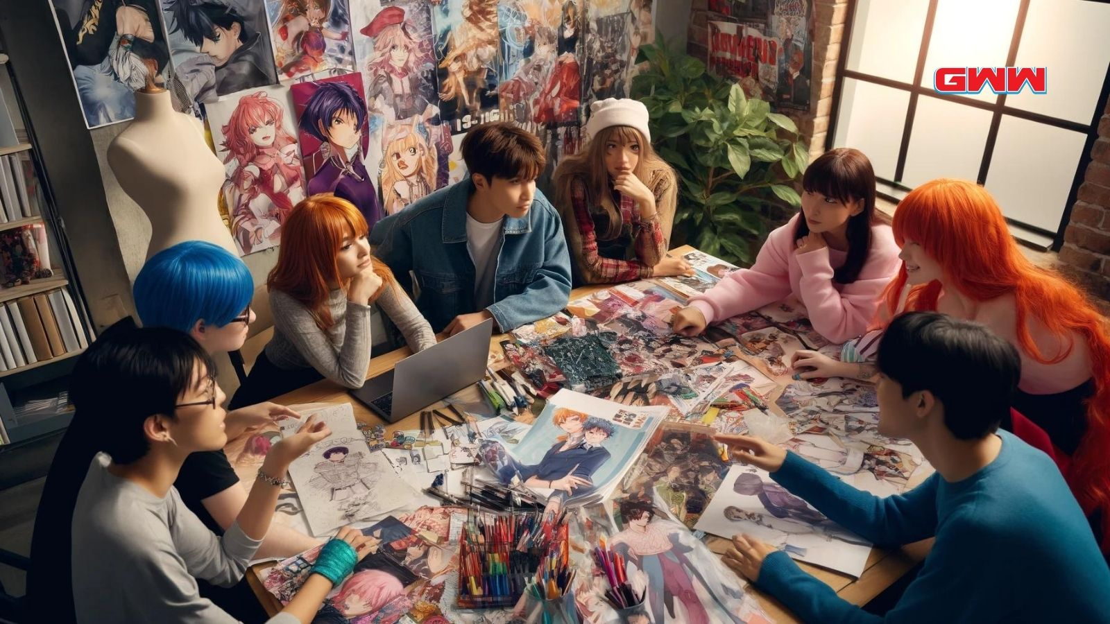 Group planning anime cosplays with magazines and fabric samples