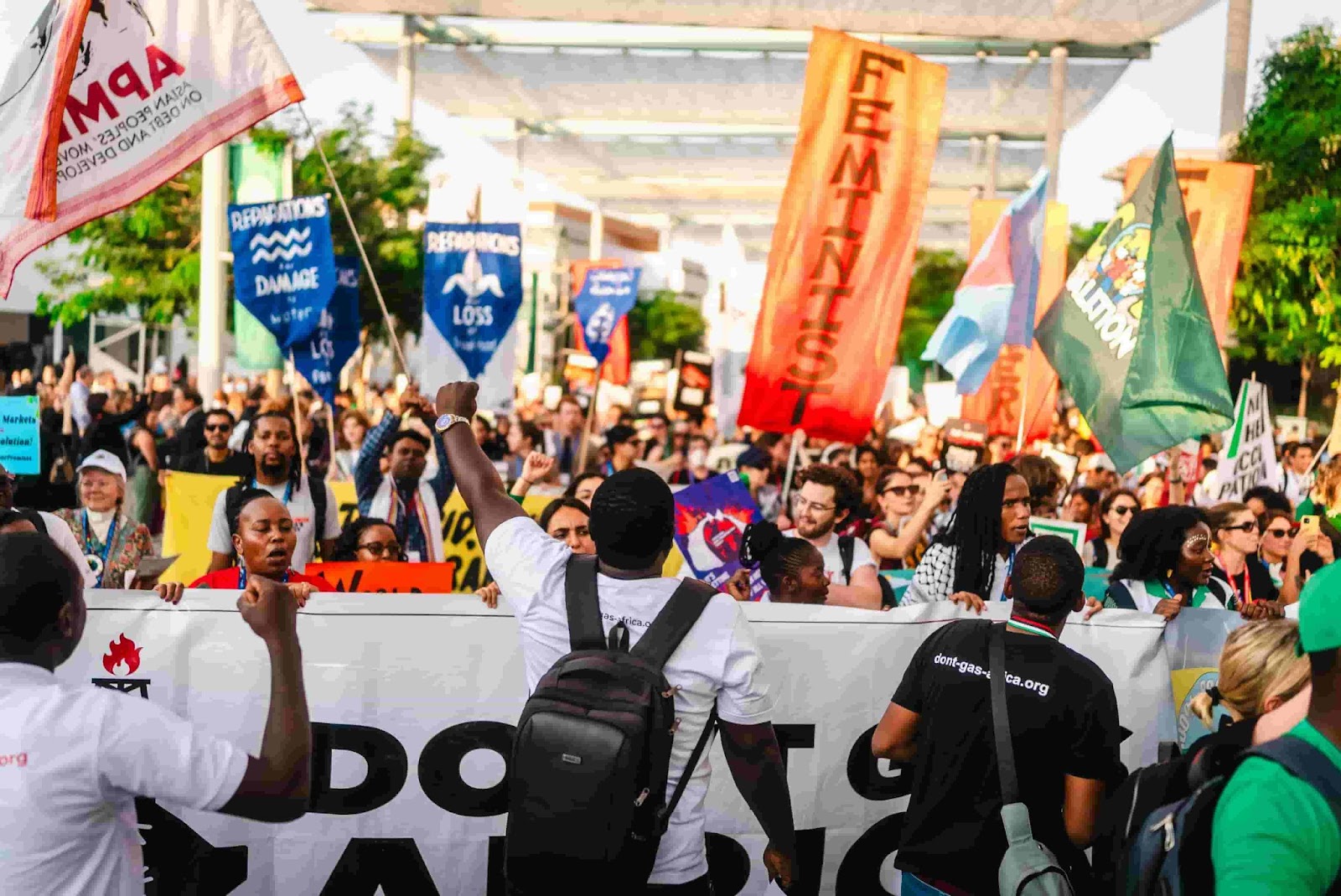 A coalition of activists rally outside the COP28 venue in UAE