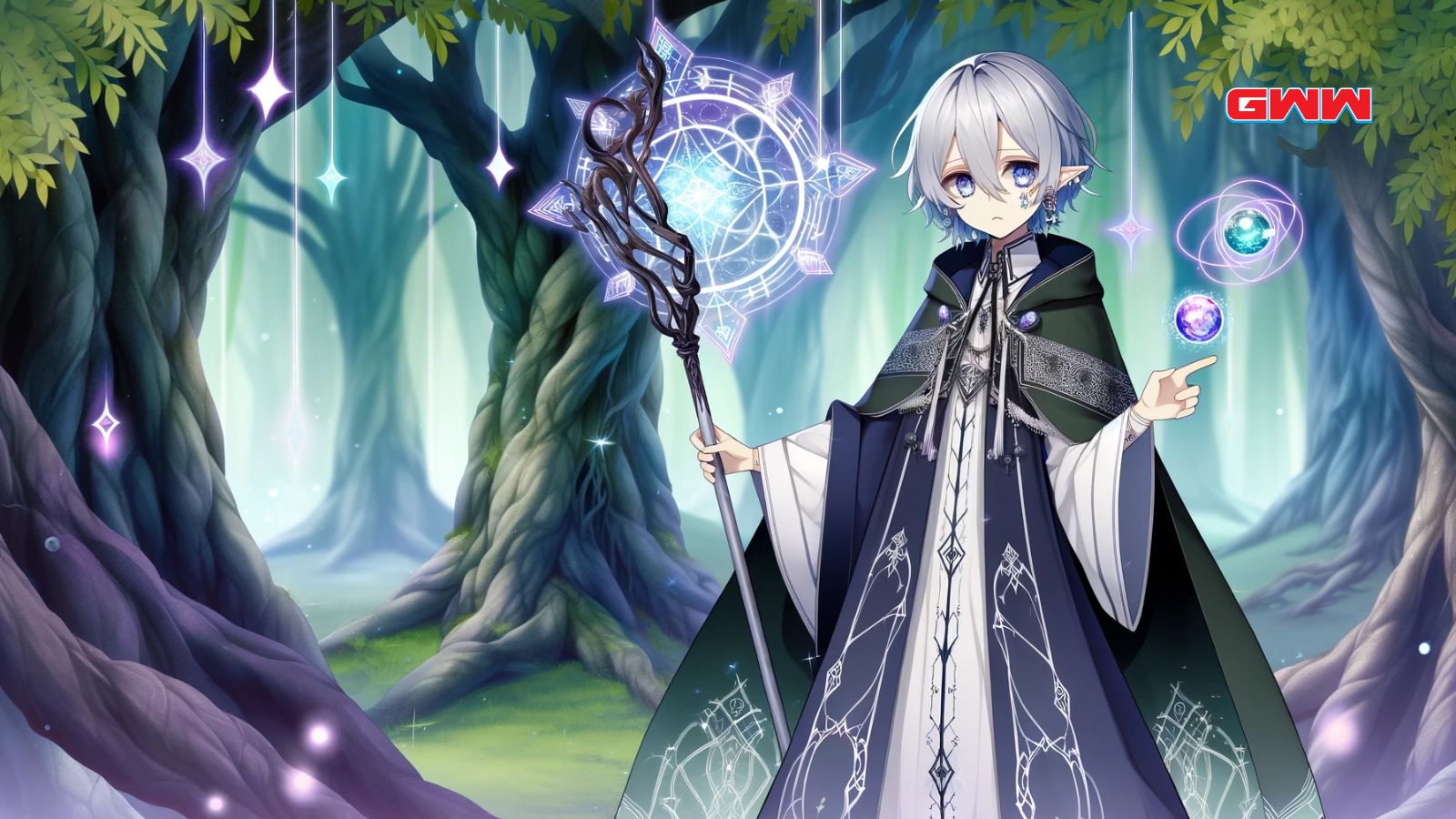 Anime-style depiction of a mystical wizard named Frieren, set in a magical forest. 