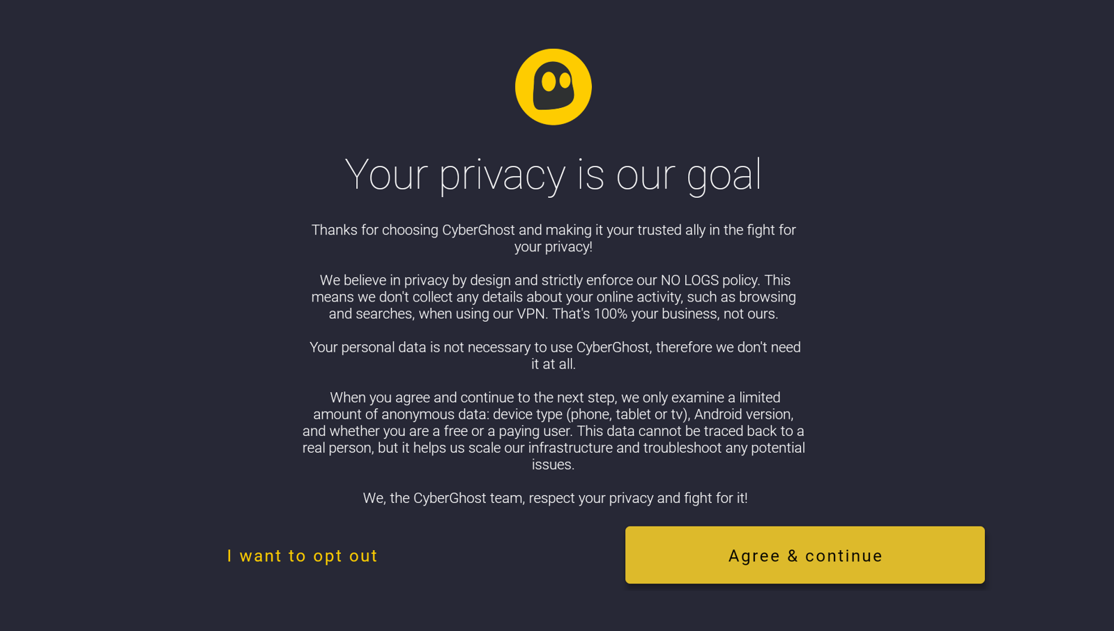 Screenshot of CyberGhost statement about privacy.