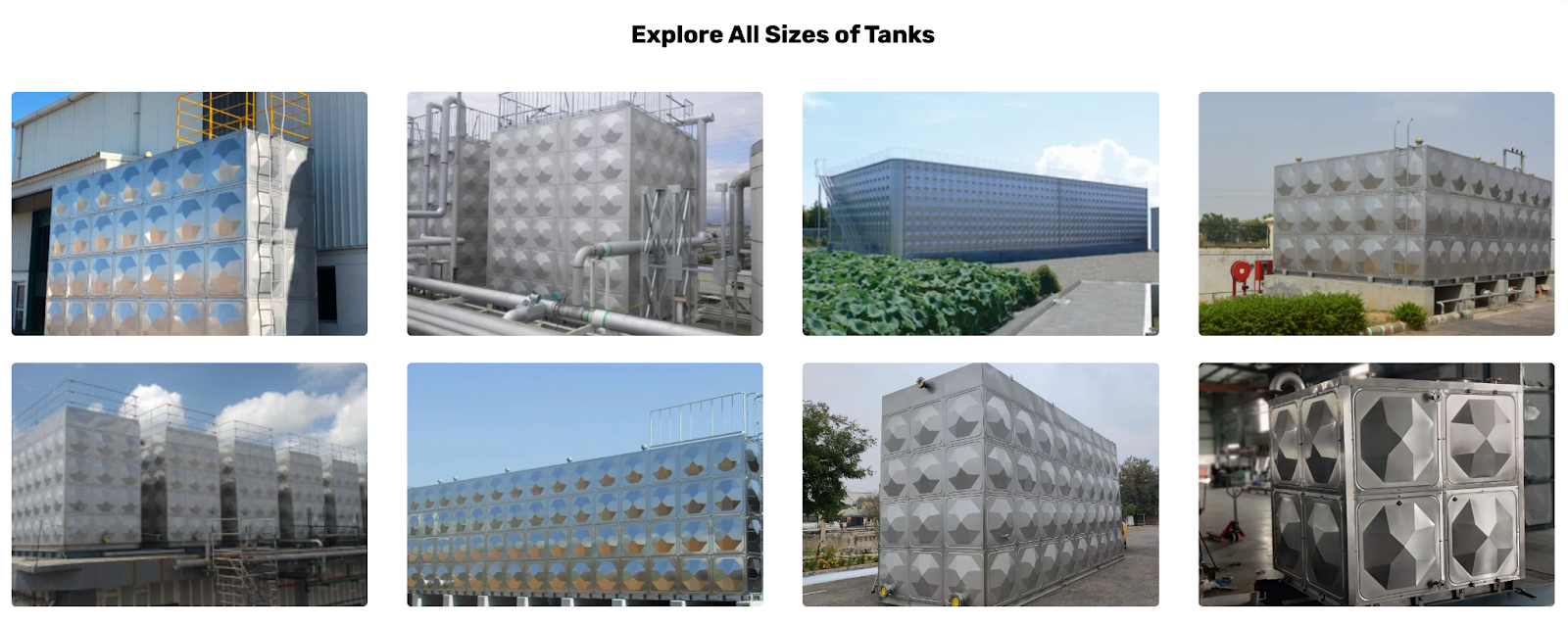 An image showing all sizes of Beltecno stainless steel industrial water storage tanks