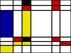 An art piece inspired by Piet Mondrian, with primary colors overlaid in a geometric grid.