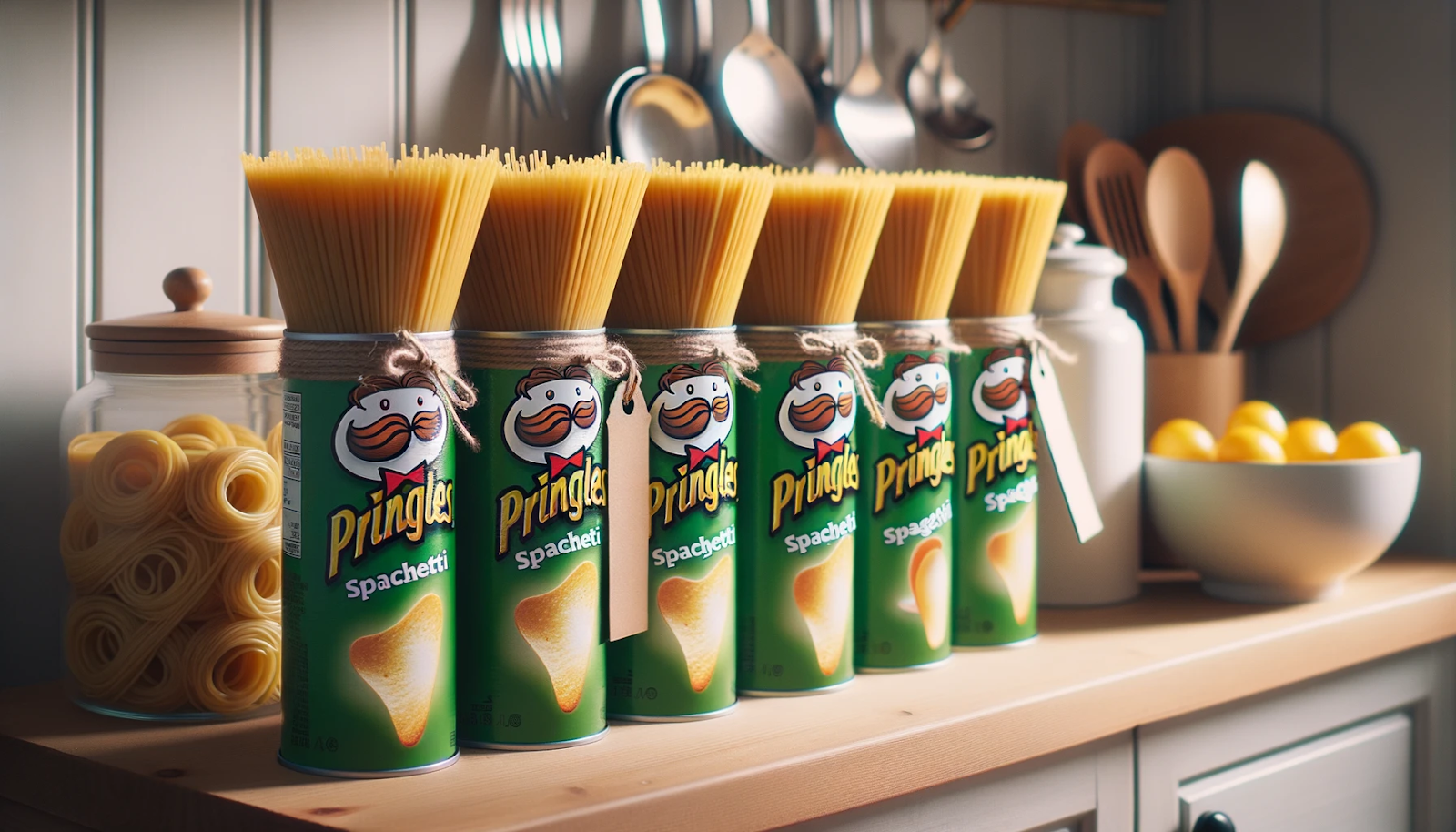 Foto de uma cena real de cozinha onde latas de Pringles são usadas como recipientes de armazenamento de espaguete. As latas são etiquetadas com etiquetas decorativas e ficam organizadas em uma prateleira de madeira, apresentando uma solução de armazenamento inovadora.
