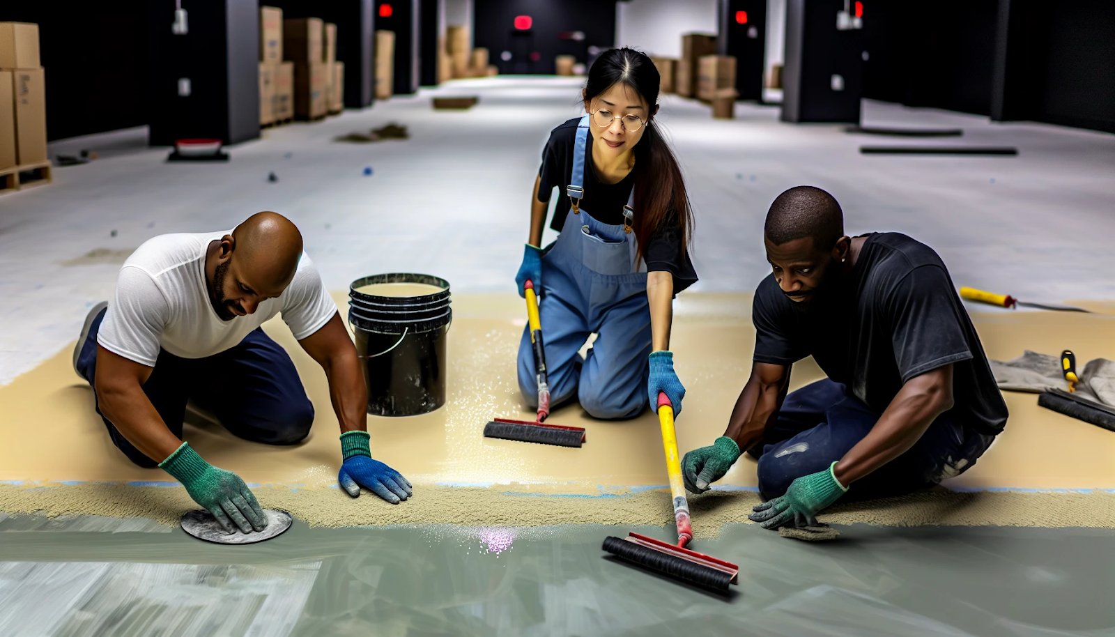 Three workers applying epoxy coating to a floor in an industrial setting.