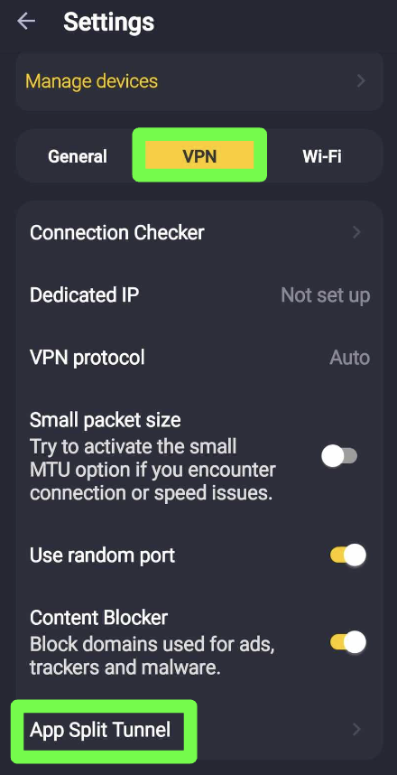 Screenshot showing VPN settings in CyberGhost VPN Android app