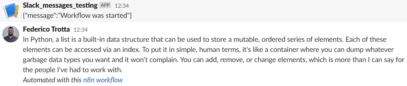 The answer of the bot in the Slack channel. Image by Federico Trotta - n8n blog