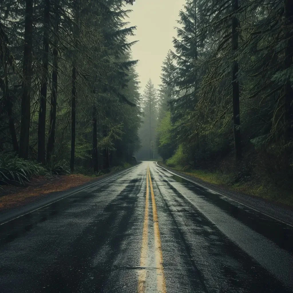 A moody and atmospheric road leading through a dense forest of tall evergreen trees. The road is wet and reflects the subtle light, with faded yellow lines running down the center.