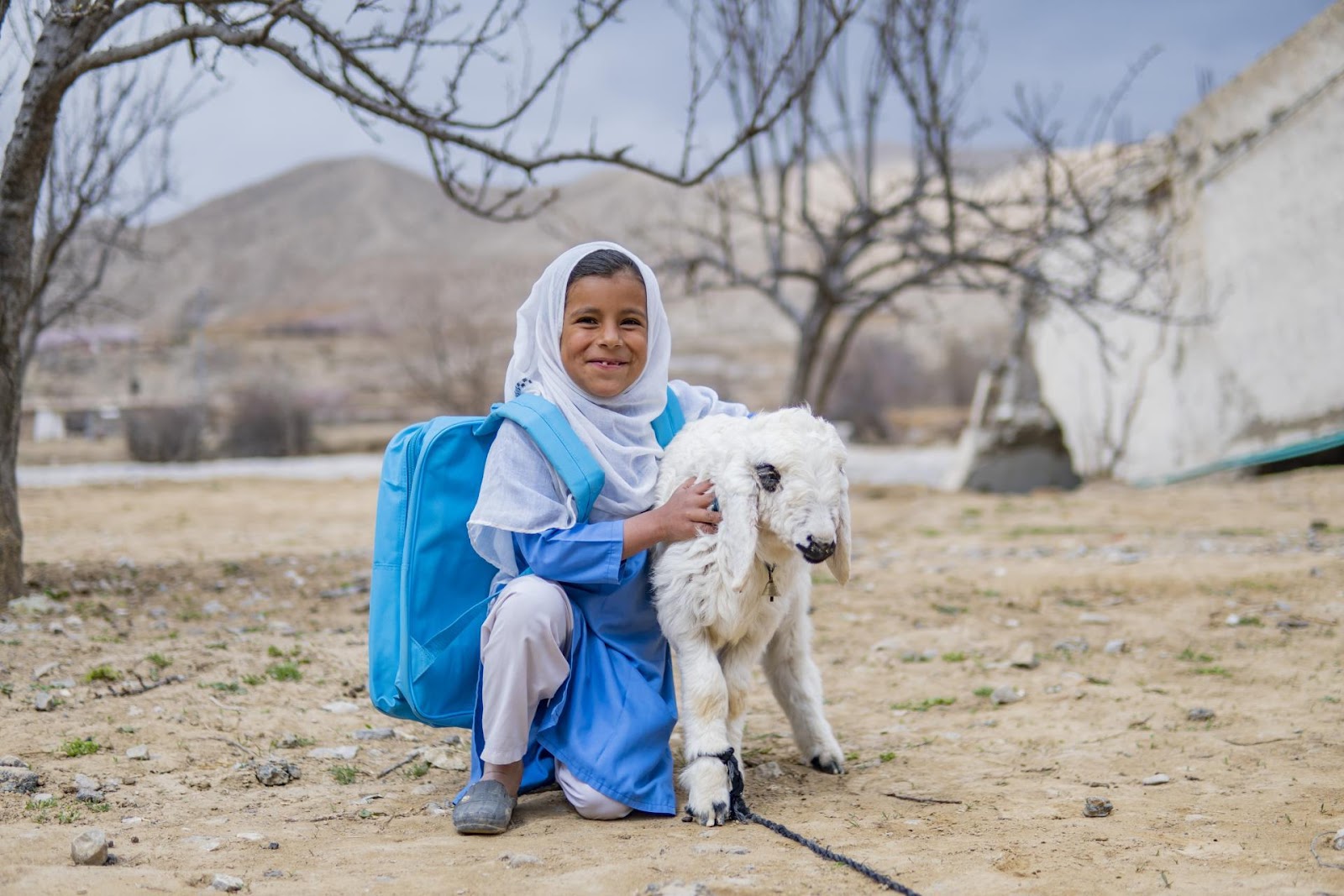 8-year-old Maryam plays with a lamb outside a UNICEF-supported transitional school in Hanna Urak, Quetta District, Balochistan.