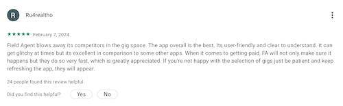 A Field Agent Google Play review from a user who finds the app very user friendly.
