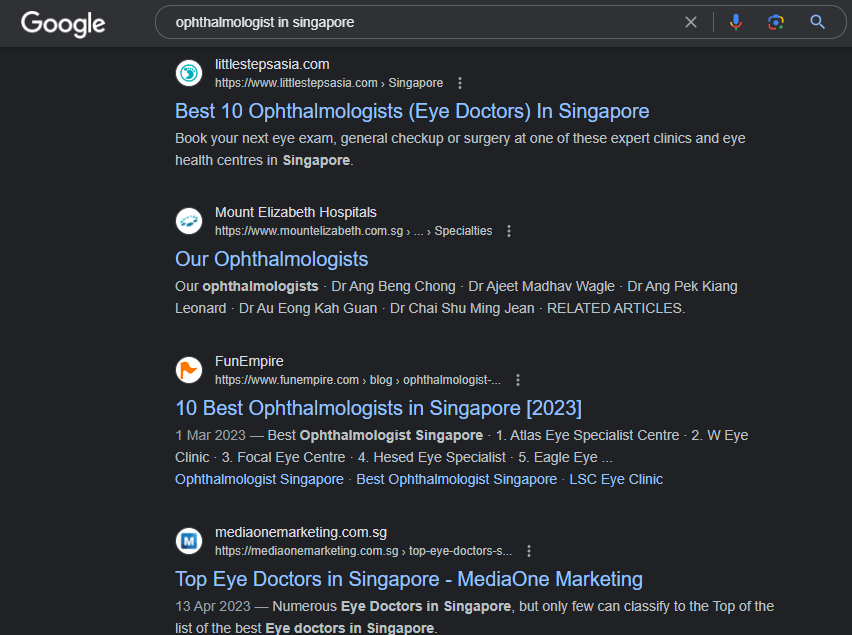 Google search of ophthalmologist in Singapore