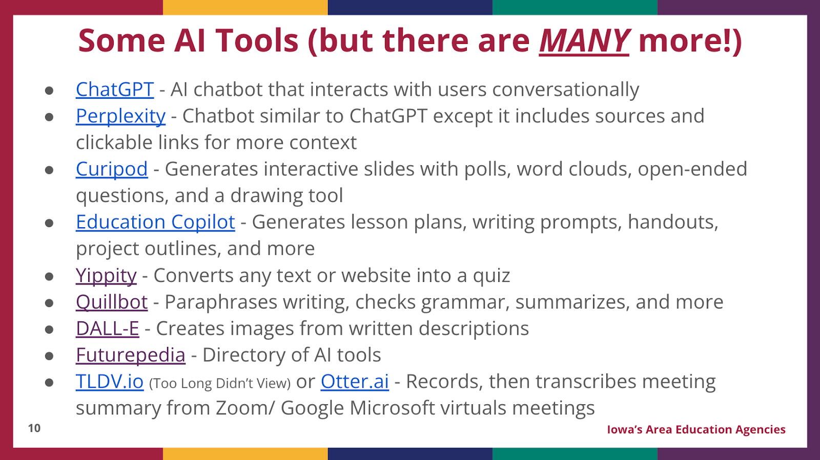 List of various AI tools such as ChatGPT.