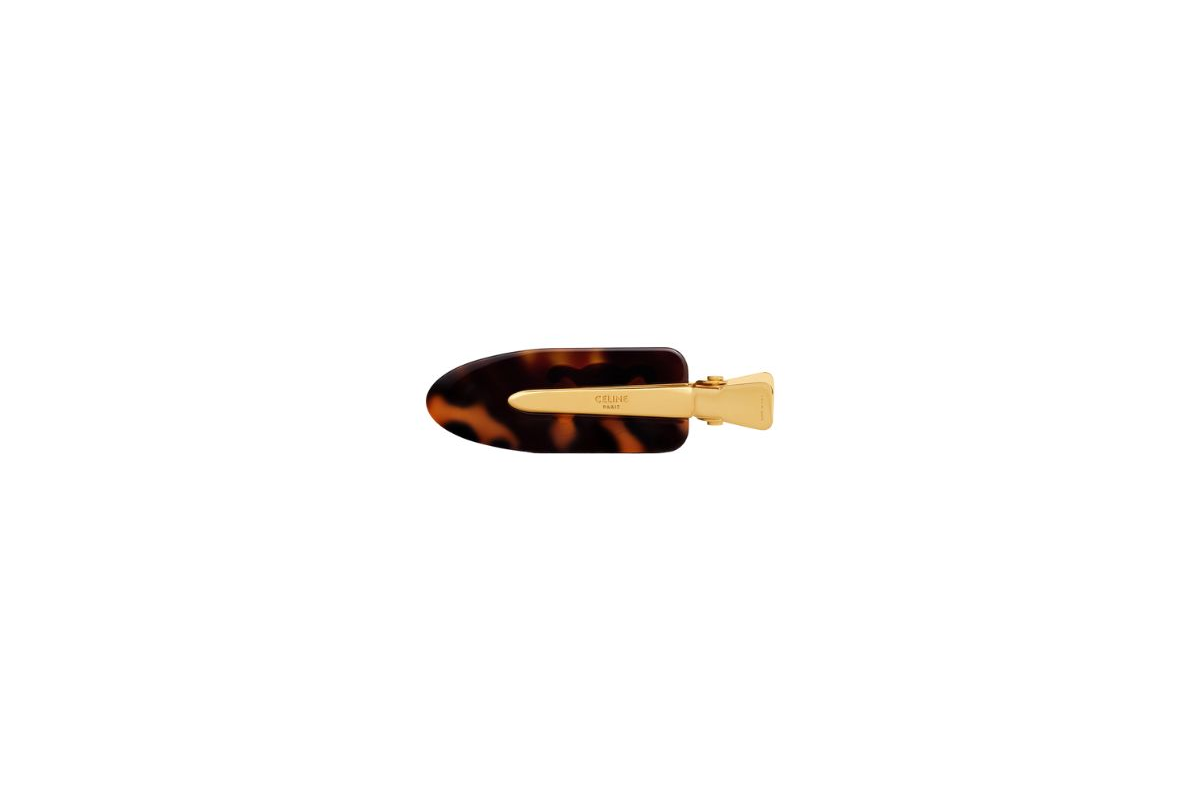 3.Celine Triomphe Flat Hair Clip In Dark Havana Acetate And Brass With Gold Finish And Steel 