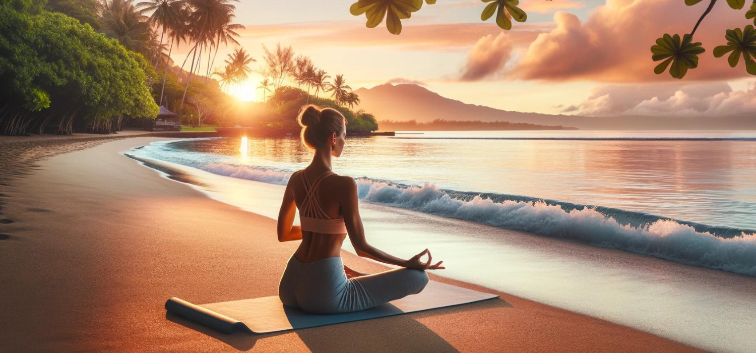 A woman practicing yoga on a beach, reflecting the behavior trends of wellness seekers in the hospitality market.