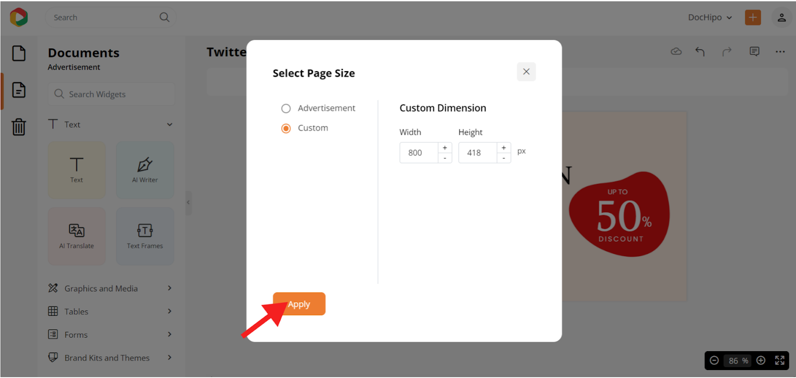 Customizing X/twitter ad size of the template in DocHipo