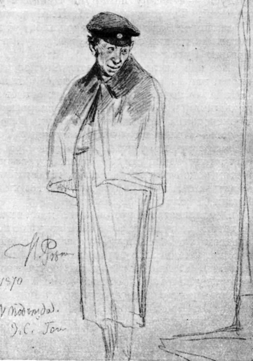 A drawing of a man wearing a long coat with a short capelet overtop. He is wearing some sort of cap on his head, and looking down and off to the side.