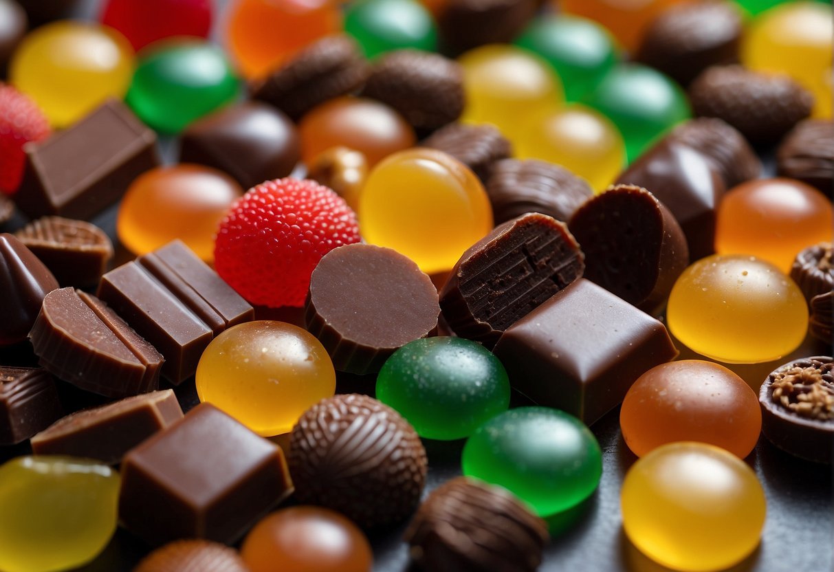 Various candies arranged in groups: chocolate, gummy, hard, and soft. Each group labeled with its ingredient type: sugar, cocoa, gelatin, etc