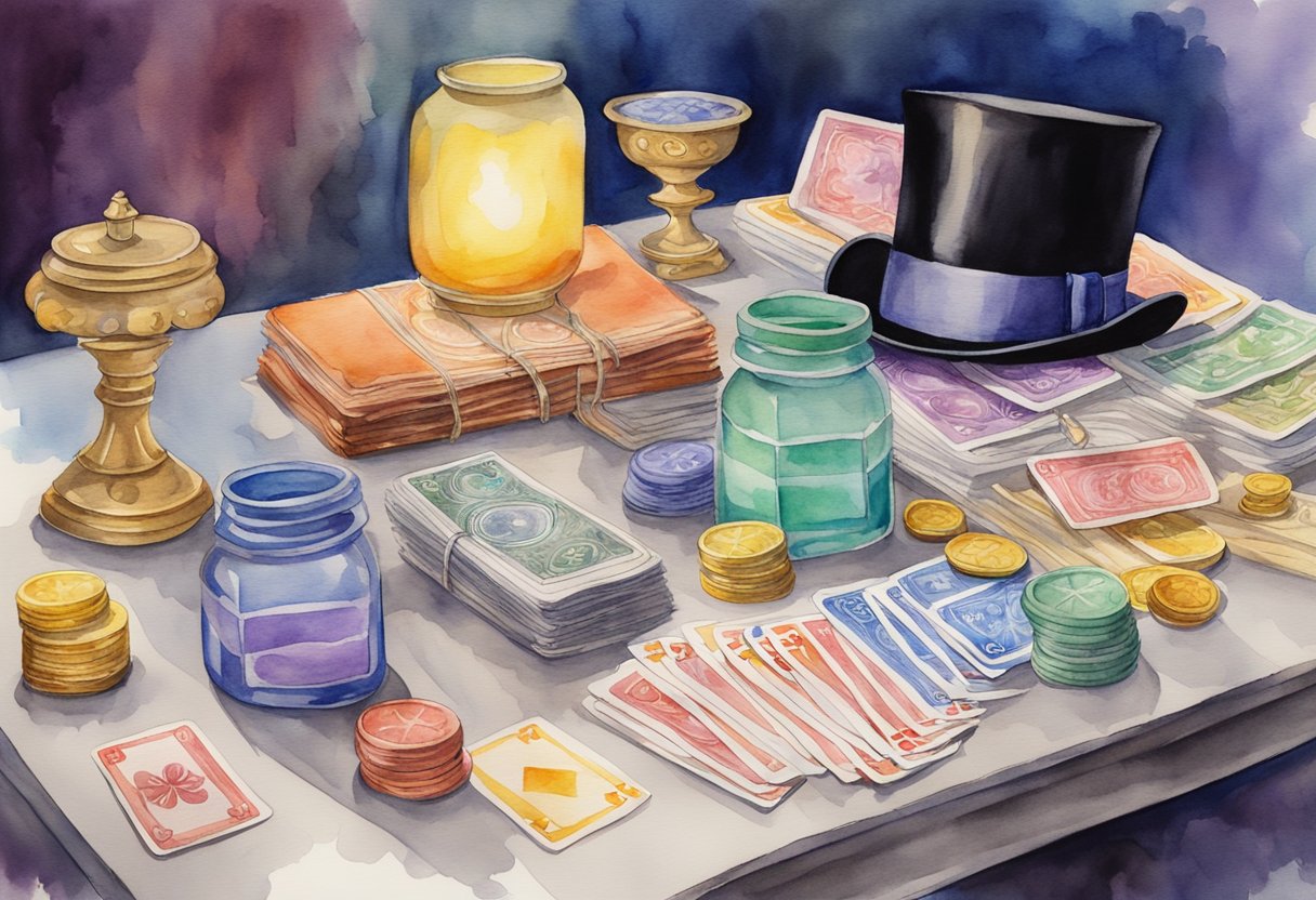 A table covered in a colorful array of magic props - decks of cards, coins, and silk scarves. A wand and top hat sit nearby, ready for the next trick