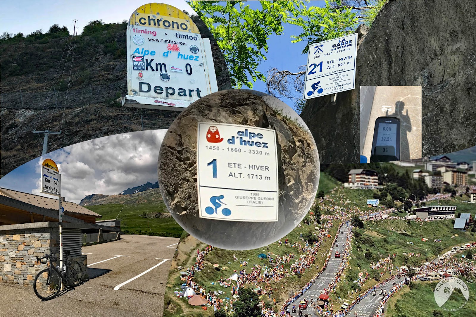photo collage shows signs for Alpe d'Huez, KM marker at climb start, aerial drone view shows finish of climb