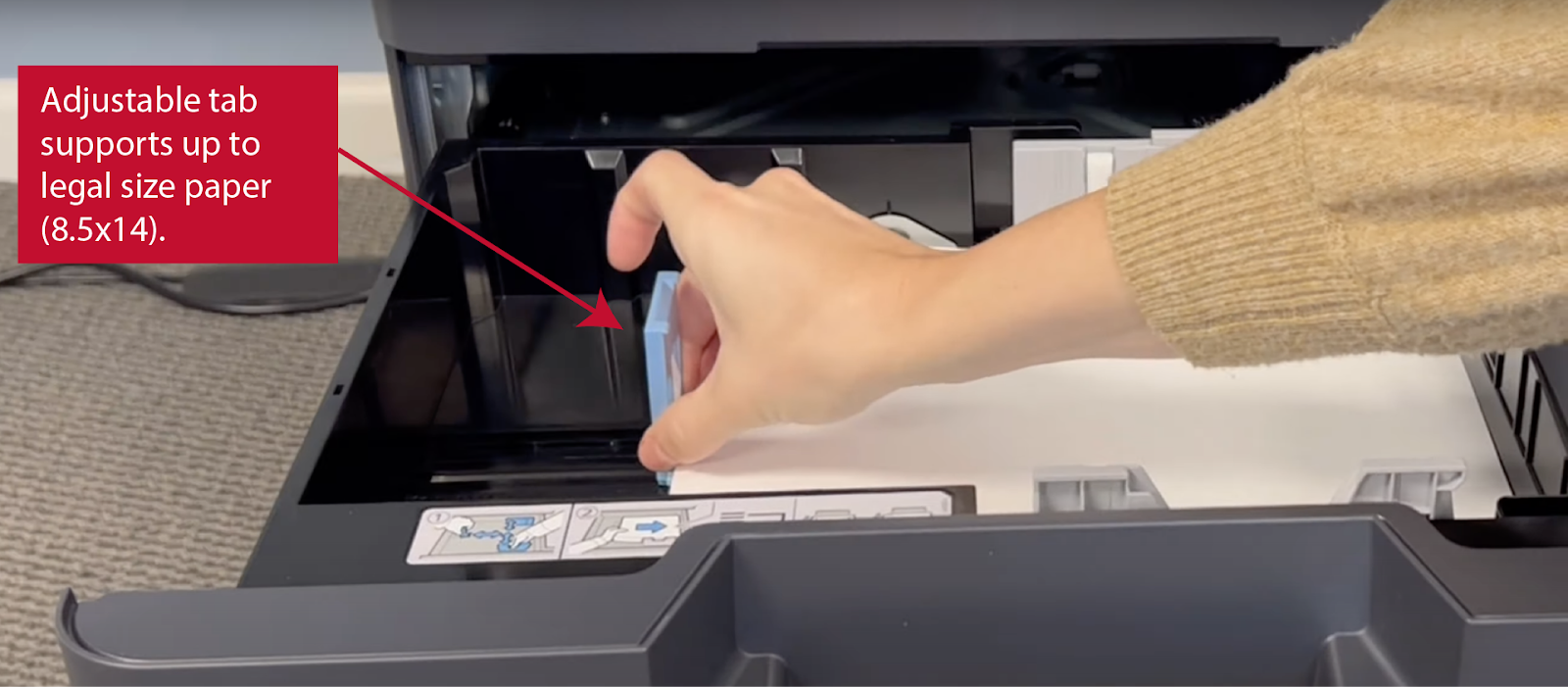 Kyocera 308ci Adjustable tab supports up to legal size paper