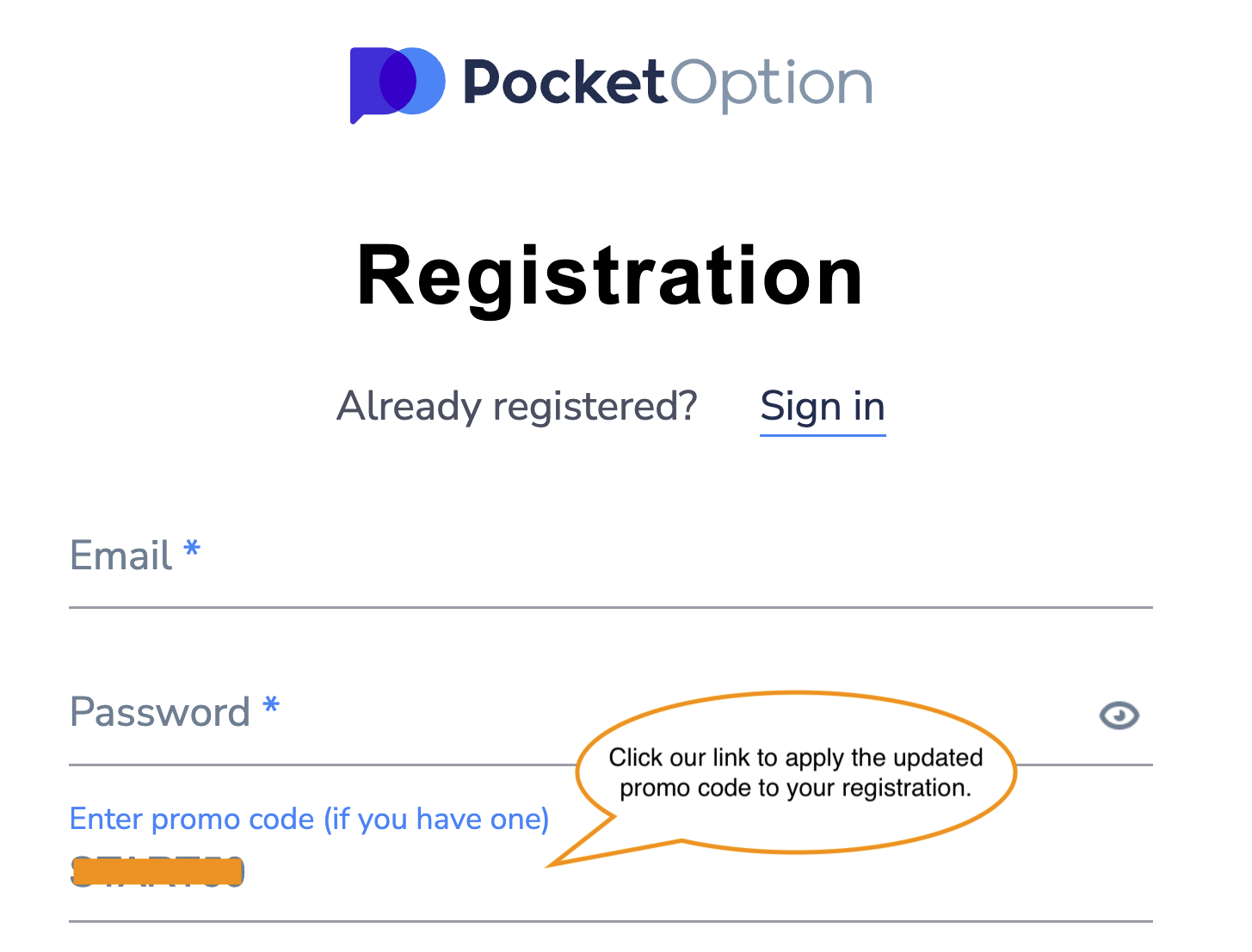 Pocket Option promo code upon registration