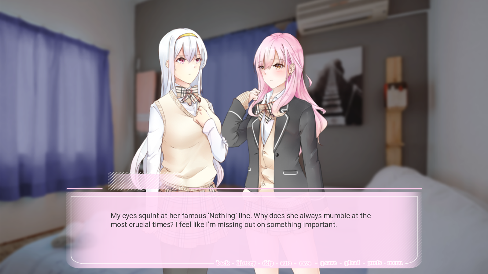I Can't Believe the Most Popular Girl in School is a Lesbian, Just Like Me! screenshot with two girls one with white hair and the other with pink.  From the Yuri Itch.io Game tag.