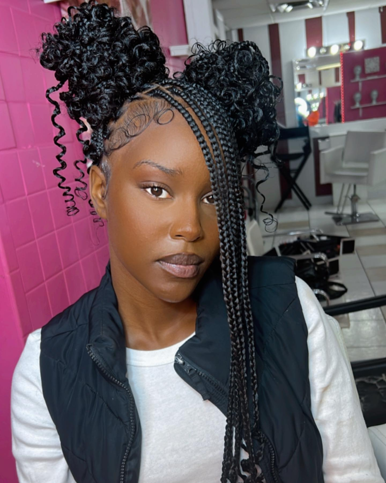 Curly Double Bun with Bangs Braided Bun for Black Hair