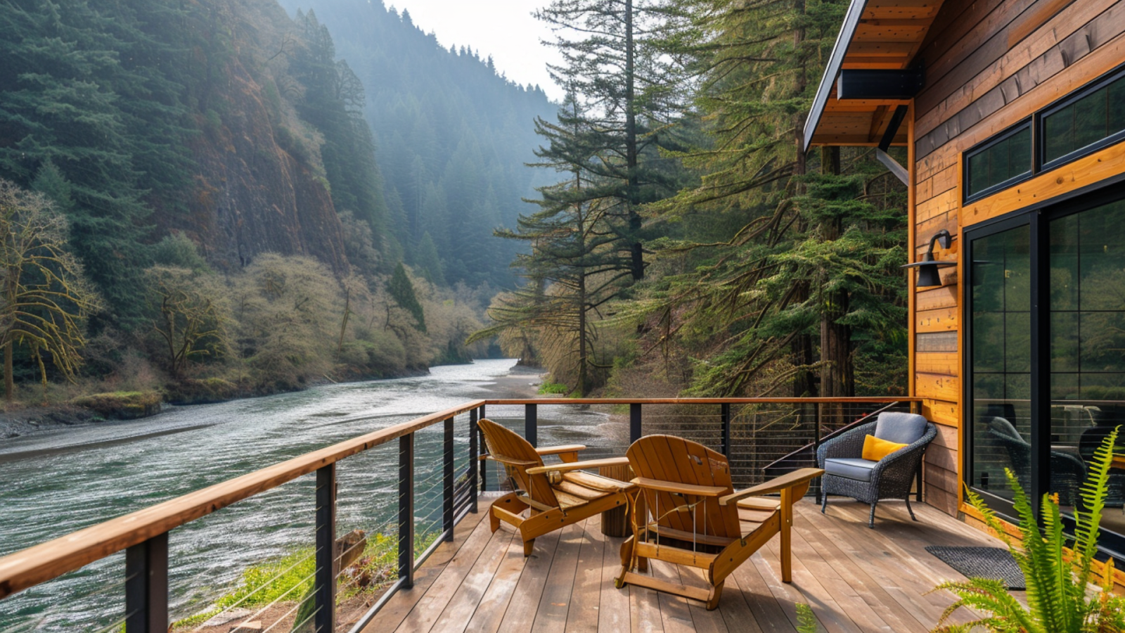 Chairs at the balcony of a riverfront luxury vacation rental in Gold Beach, USA