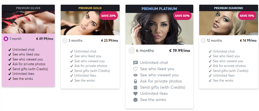 The premium subscription prices and packages of the adult dating site Victoria Milan.