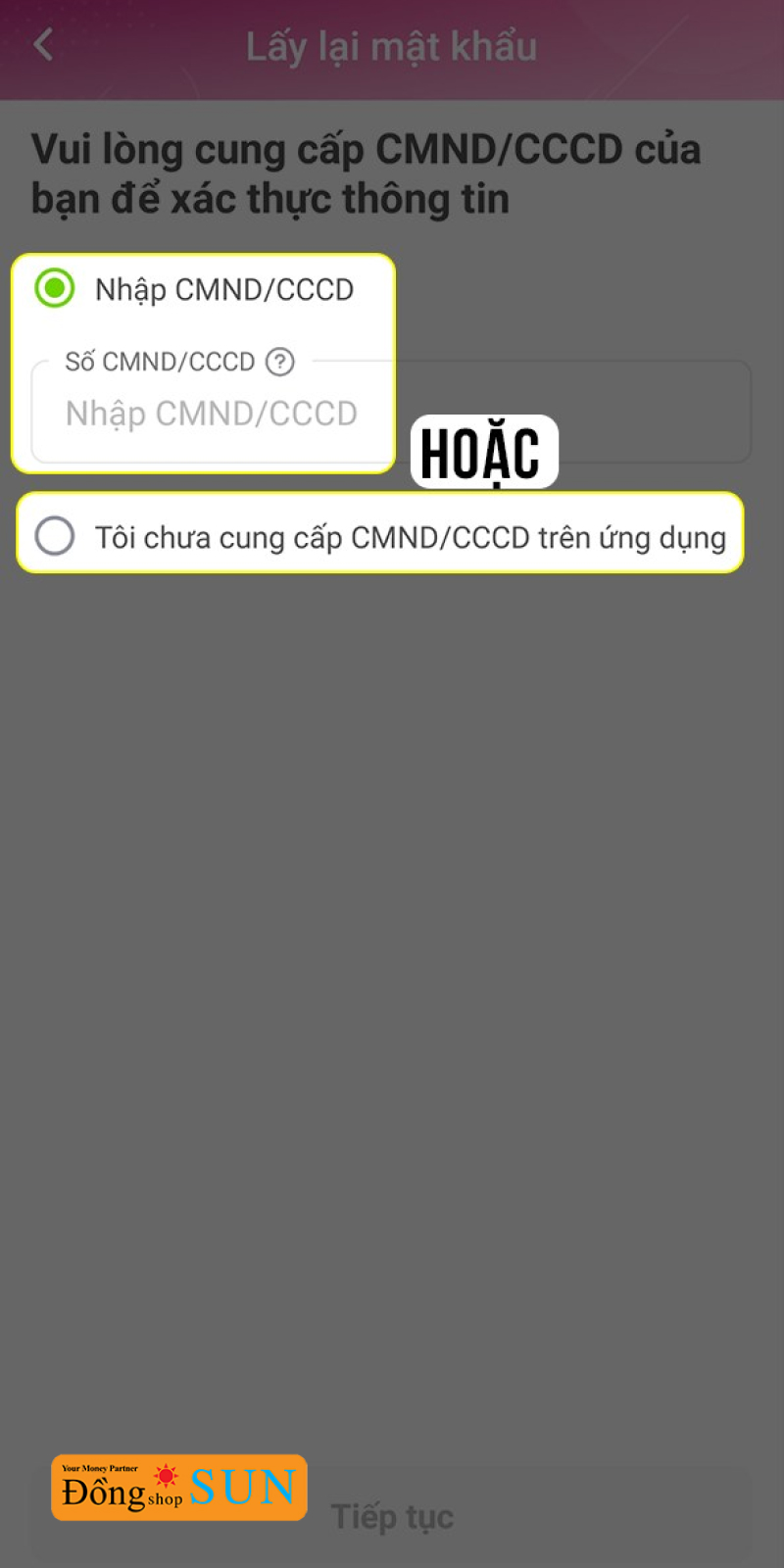 Điền số CMND/CCCD vào ô “Nhập CMND/CCCD".