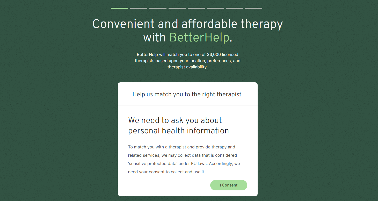 Landing Page da BetterHelp com o seguinte título "Convenient and affordable therapy with BetterHelp" e subtítulo "BetterHelp will match you to one of 33.000 licensed therapists based upon yourlocation, preferences, and therapists availability". 
