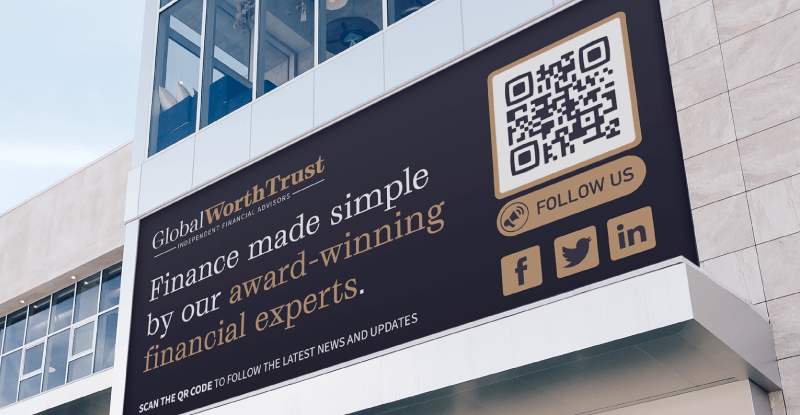QR Code on a financial company's billboard ad prompting people to scan and follow their social media