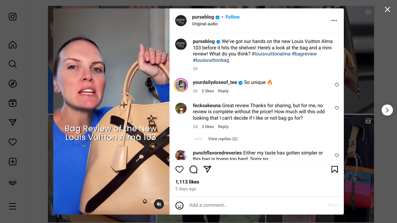 Screenshot of influencer Instagram video showcasing luxury handbag 