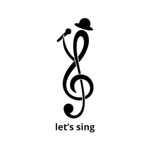 Kan være grafikk av trompet, harpe og tekst som sier '$ let's sing'