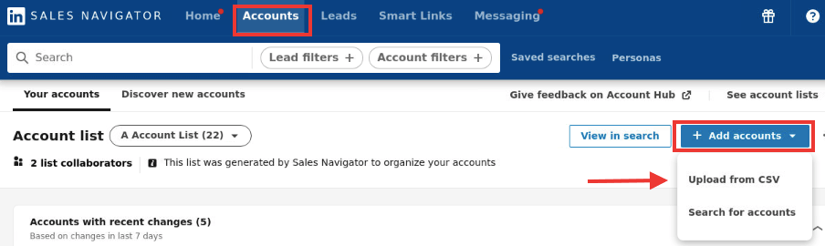 upload csv account search sales navigator plus