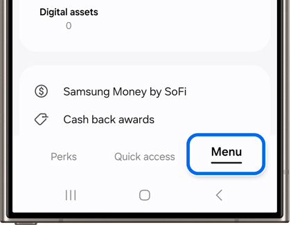 Menu highlighted on the Samsung Wallet app on a Galaxy phone