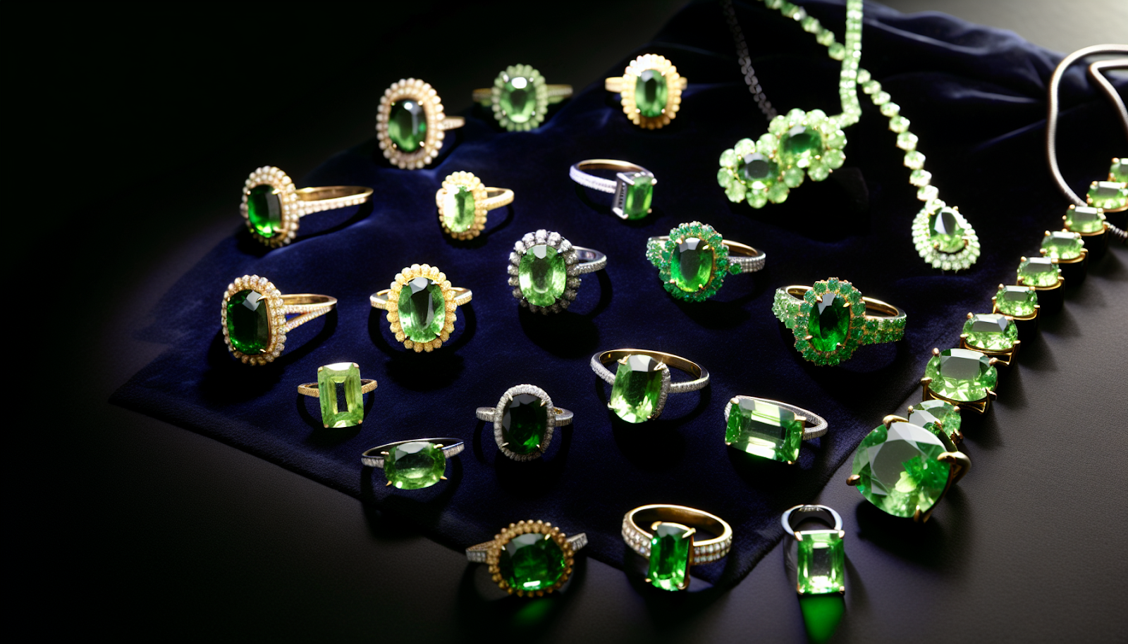 A collection of exquisite tsavorites jewelry including rings, earrings, and pendants