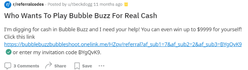 A Bubble Buzz player provides a link to thier referral code on Reddit. 