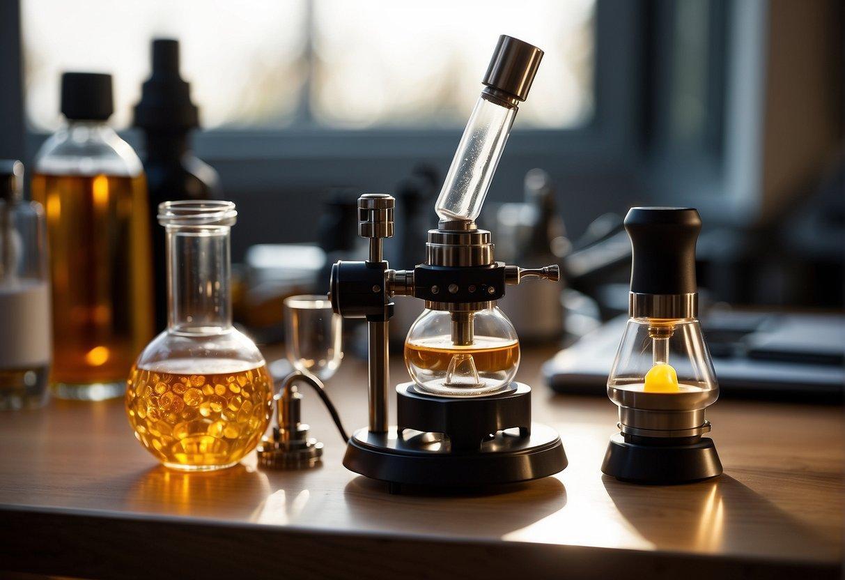 A dab rig sits on a table, surrounded by a torch, dab tool, and shatter. The rig is being heated, ready for the shatter to be dabbed