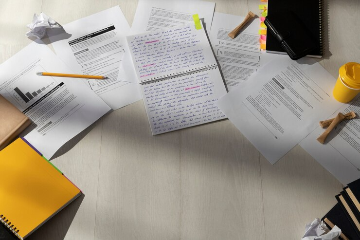 Law books, legal notes, and exam papers symbolise the journey of studying A-Level Law.