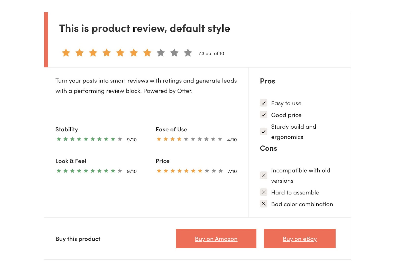 An example of a WordPress product review block from Otter Blocks