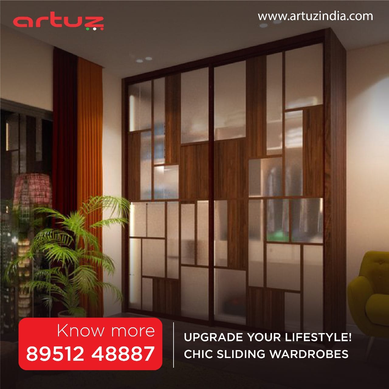 Artuz Bangalore Best floor to ceiling wardrobe mechanism provides Lacquered glass wardrobe shutters in Bangalore & Custom Made Sliding Wardrobe Manufacturers