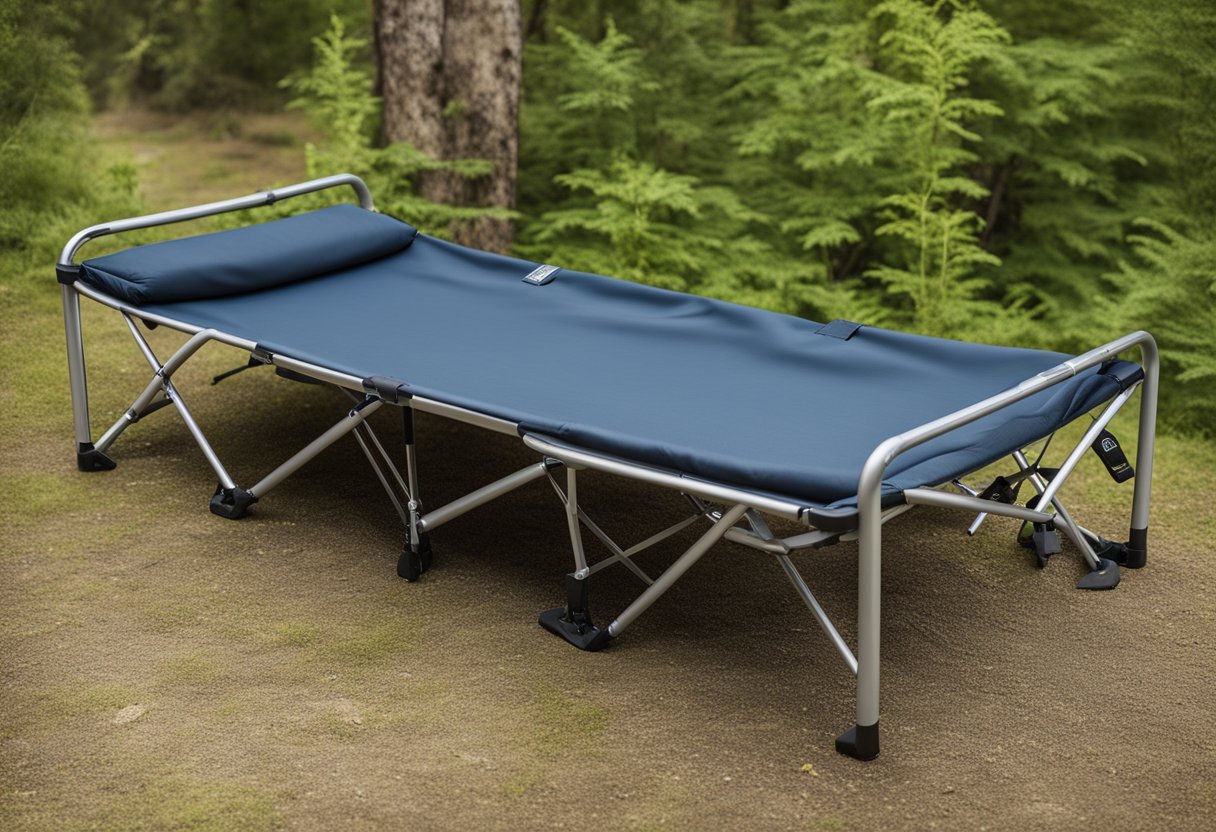 A sturdy camping cot with a foldable metal frame, durable fabric, and a compact, portable design