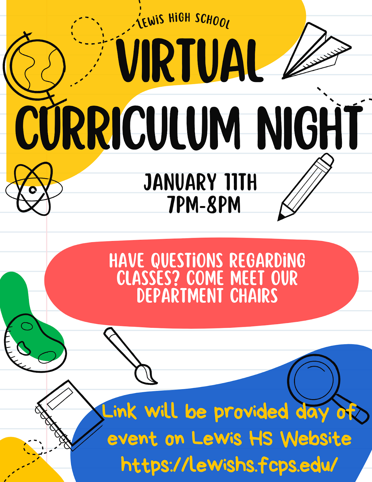 flyer for virtual curriculum night on January 11 from 7:00-8:00 PM. Link will be available via email on January 10, 2024.