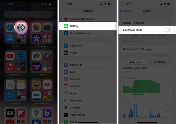 iPhone screenshots showing how to disable Low Power Mode in Battery Settings