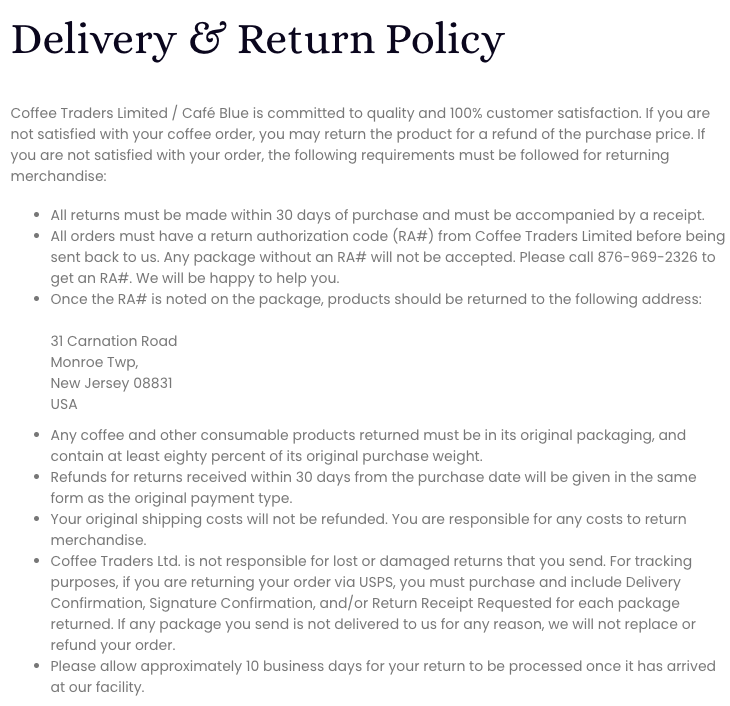 cafe blue ecommerce 30-day return policy example
