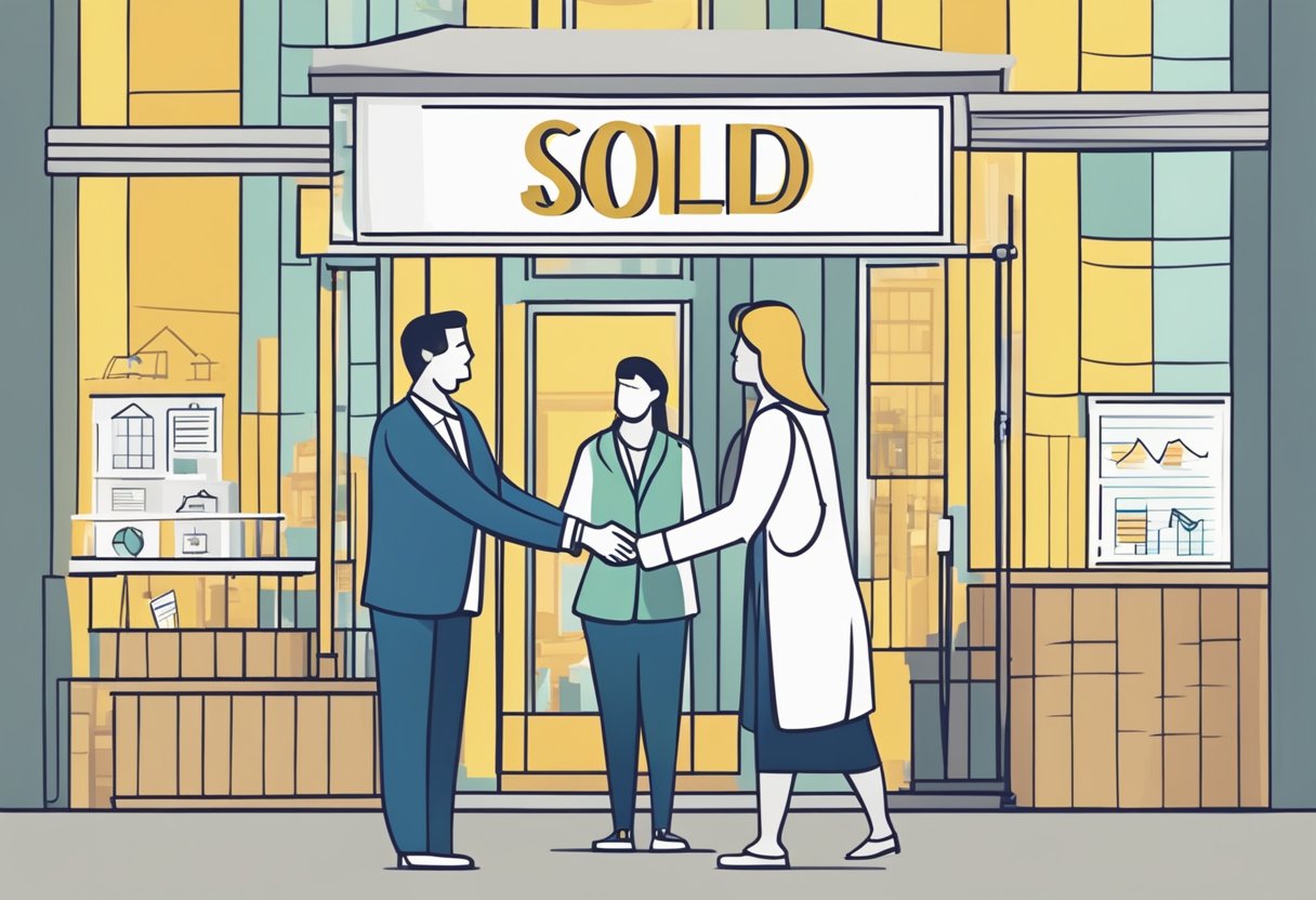 A real estate agent shaking hands with a smiling buyer in front of a "Sold" sign, while a line graph shows market conditions improving