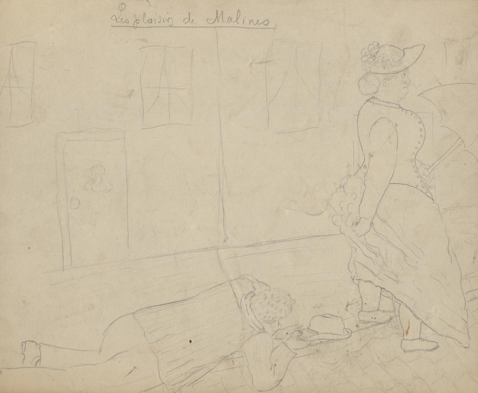 A faint pencil cartoon on yellowed paper that shows a man lying on the street holding his hat out below a buxom Edwardian woman hiking up the back of her skirts and pissing. It’s titled “Les Plaisirs de Malines” 