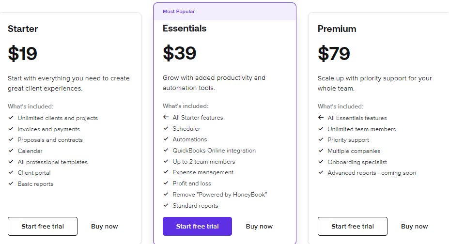 HoneyBook Pricing Plans