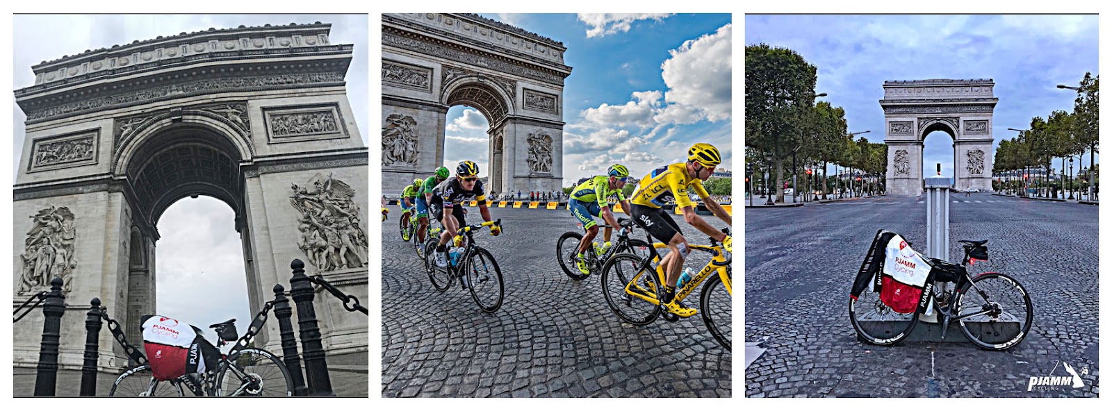 Tour de France 2022 - photo collage, PJAMM bike and jersey leaning against post in front of Arc de Triomphe, Paris; riders in the Tour de France ride past the Arc de Triompth