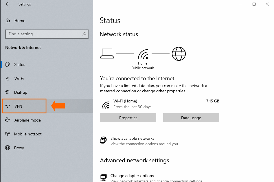 Windows Network & Internet menu with VPN highlighted.
